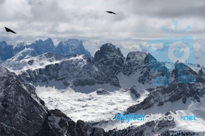 View From Sass Pordoi In The Upper Part Of Val Di Fassa Stock Photo