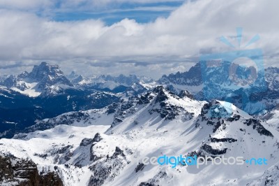 View From Sass Pordoi In The Upper Part Of Val Di Fassa Stock Photo