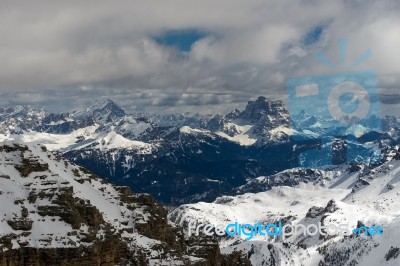 View From Sass Pordoi In The Upper Part Of Val Di Fassa Stock Photo