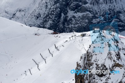 View From Sass Pordoi In The Upper Part Of Val Di Fassa Stock Photo