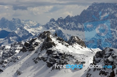 View From Sass Pordoi In The Upper Part Of Val Di Fassa Stock Photo