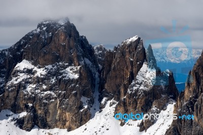 View From Sass Pordoi In The Upper Part Of Val Di Fassa Stock Photo