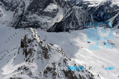 View From Sass Pordoi In The Upper Part Of Val Di Fassa Stock Photo