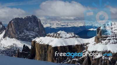 View From Sass Pordoi In The Upper Part Of Val Di Fassa Stock Photo