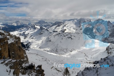 View From Sass Pordoi In The Upper Part Of Val Di Fassa Stock Photo