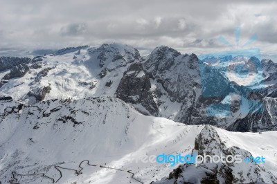 View From Sass Pordoi In The Upper Part Of Val Di Fassa Stock Photo