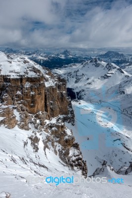 View From Sass Pordoi In The Upper Part Of Val Di Fassa Stock Photo