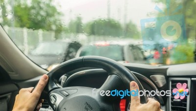 View From The Car Glass On The Rainy Day Stock Photo