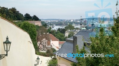 View From The Castle Entrance Towards Prague Stock Photo