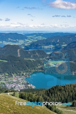 View From Zwölferhorn Mountain Down To St Gilgen Stock Photo