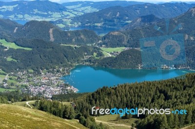 View From Zwölferhorn Mountain Down To St Gilgen Stock Photo