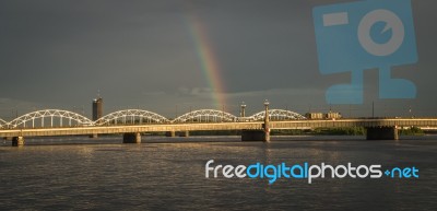 View Of A Bridge In Riga City Stock Photo