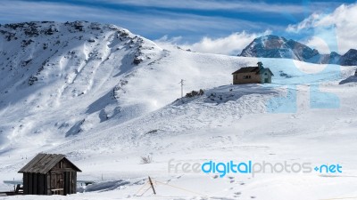 View Of A Chapel In The Dolomites At The Pordoi Pass Stock Photo