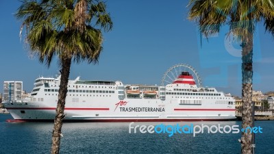 View Of A Cruise Ship Docked In Malaga Harbour Stock Photo