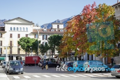 View Of A Small Square In Lecco Italy Stock Photo