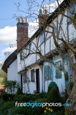 View Of A Thatched Cottage In Micheldever Hampshire Stock Photo