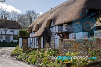 View Of A Thatched Cottage In Micheldever Hampshire Stock Photo