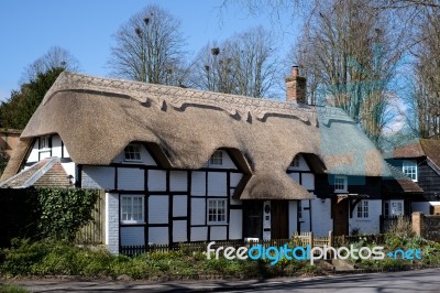 View Of A Thatched Cottage In Micheldever Hampshire Stock Photo