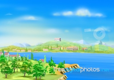 View Of Ancient Greek Harbor In A Sunny Summer Day Stock Image