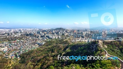 View Of Cityscape And Seoul Tower In Seoul, South Korea Stock Photo