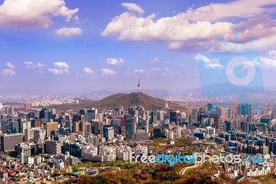 View Of Cityscape And Seoul Tower In Seoul, South Korea. Autumn Stock Photo