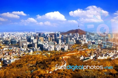 View Of Cityscape And Seoul Tower In Seoul, South Korea. Autumn Stock Photo