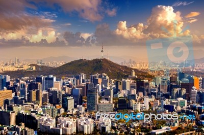 View Of Cityscape And Seoul Tower In Seoul, South Korea. Autumn Stock Photo