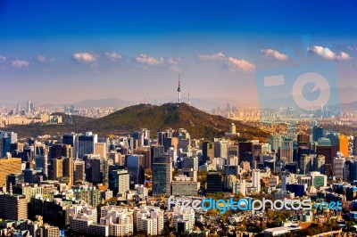 View Of Cityscape And Seoul Tower In Seoul, South Korea. Autumn Stock Photo