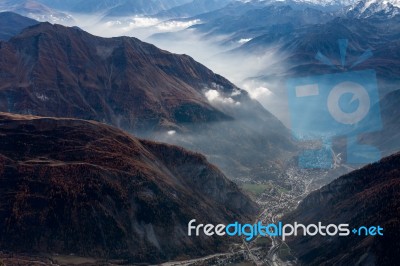 View Of Cormayeur From Monte Bianco Stock Photo