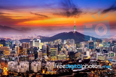 View Of Downtown Cityscape And Seoul Tower In Seoul, South Korea… Stock Photo