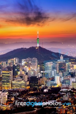 View Of Downtown Cityscape And Seoul Tower In Seoul, South Korea… Stock Photo