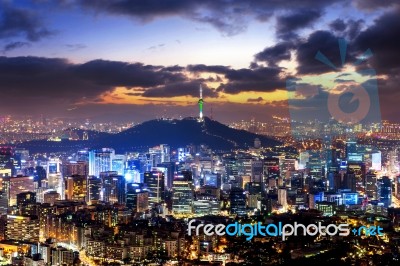 View Of Downtown Cityscape And Seoul Tower In Seoul, South Korea… Stock Photo