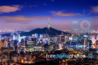 View Of Downtown Cityscape And Seoul Tower In Seoul, South Korea… Stock Photo