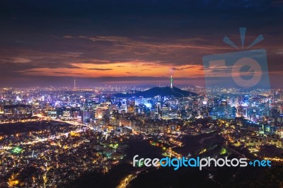 View Of Downtown Cityscape And Seoul Tower In Seoul, South Korea… Stock Photo