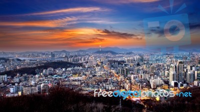 View Of Downtown Cityscape And Seoul Tower In Seoul, South Korea… Stock Photo