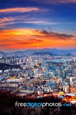 View Of Downtown Cityscape And Seoul Tower In Seoul, South Korea… Stock Photo