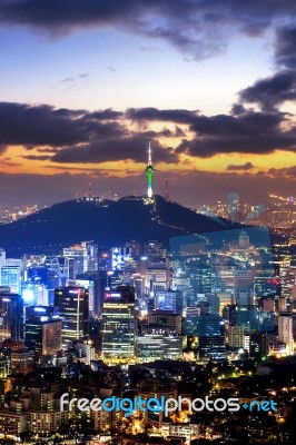 View Of Downtown Cityscape And Seoul Tower In Seoul, South Korea… Stock Photo