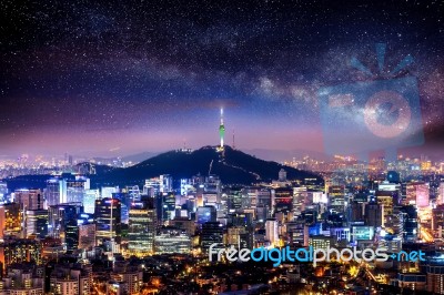 View Of Downtown Cityscape And Seoul Tower In Seoul, South Korea… Stock Photo