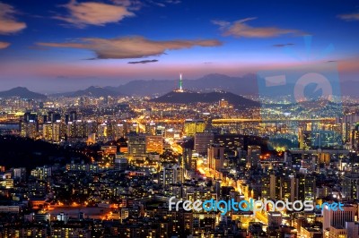 View Of Downtown Cityscape And Seoul Tower In Seoul, South Korea… Stock Photo