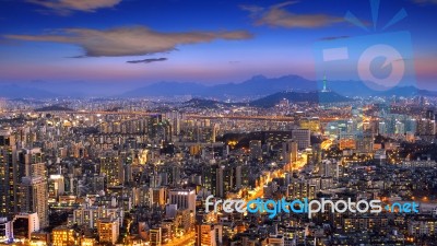 View Of Downtown Cityscape And Seoul Tower In Seoul, South Korea… Stock Photo