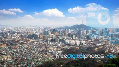 View Of Downtown Cityscape And Seoul Tower In Seoul, South Korea… Stock Photo