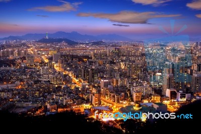 View Of Downtown Cityscape And Seoul Tower In Seoul, South Korea… Stock Photo