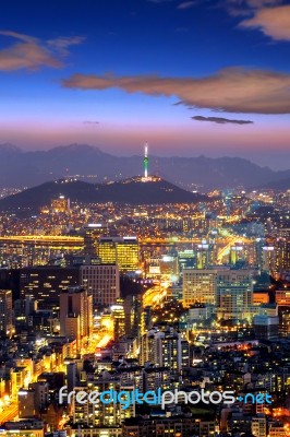 View Of Downtown Cityscape And Seoul Tower In Seoul, South Korea… Stock Photo