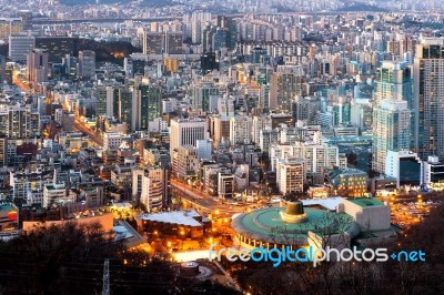 View Of Downtown Cityscape And Seoul Tower In Seoul, South Korea… Stock Photo