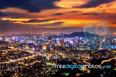 View Of Downtown Cityscape And Seoul Tower In Seoul, South Korea… Stock Photo