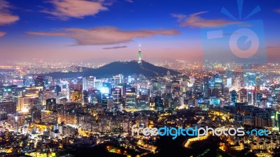 View Of Downtown Cityscape And Seoul Tower In Seoul, South Korea… Stock Photo