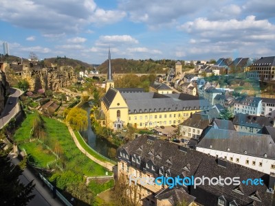 View Of Grund District In Luxembourg City, Luxembourg Stock Photo