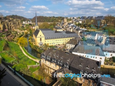 View Of Grund District In Luxembourg City, Luxembourg Stock Photo