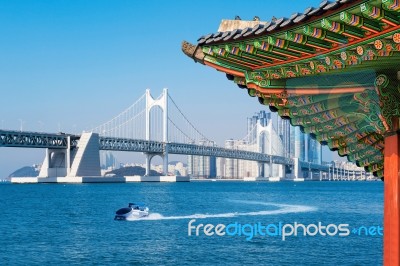 View Of Gyeongbokgung Roof.gwangan Bridge And Haeundae In Busan,korea Stock Photo