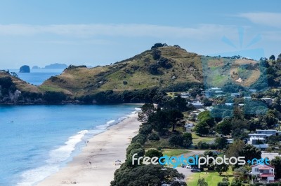 View Of Hahei Beach In New Zealand Stock Photo